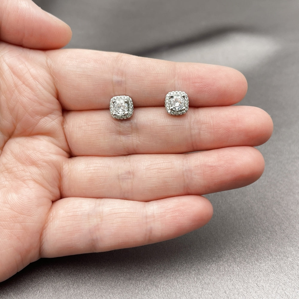 Rhodium Gold Filled Stud Earring, Cluster Design, with White Cubic Zirconia and White Micro Pave, Polished, Rhodium Finish