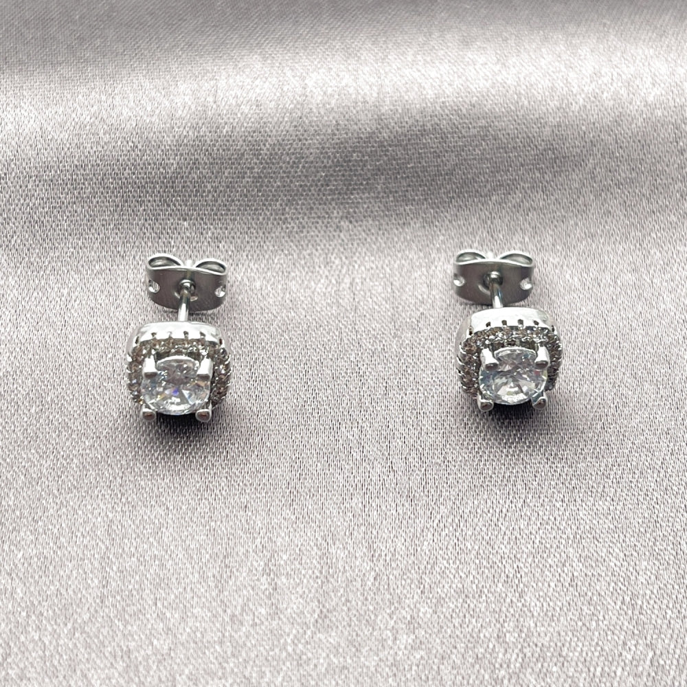 Rhodium Gold Filled Stud Earring, Cluster Design, with White Cubic Zirconia and White Micro Pave, Polished, Rhodium Finish