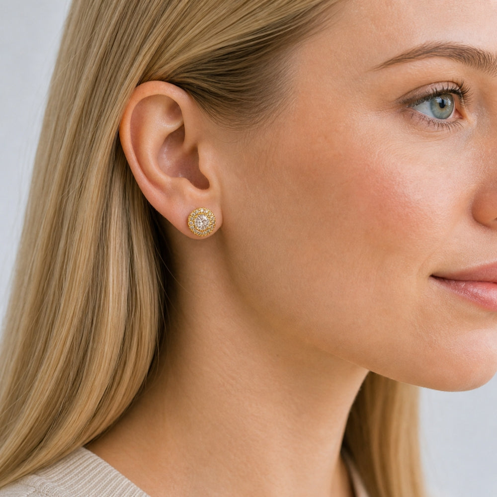 Oro Laminado Stud Earring, Gold Filled Style Cluster Design, with White Cubic Zirconia and White Micro Pave, Polished, Golden Finish