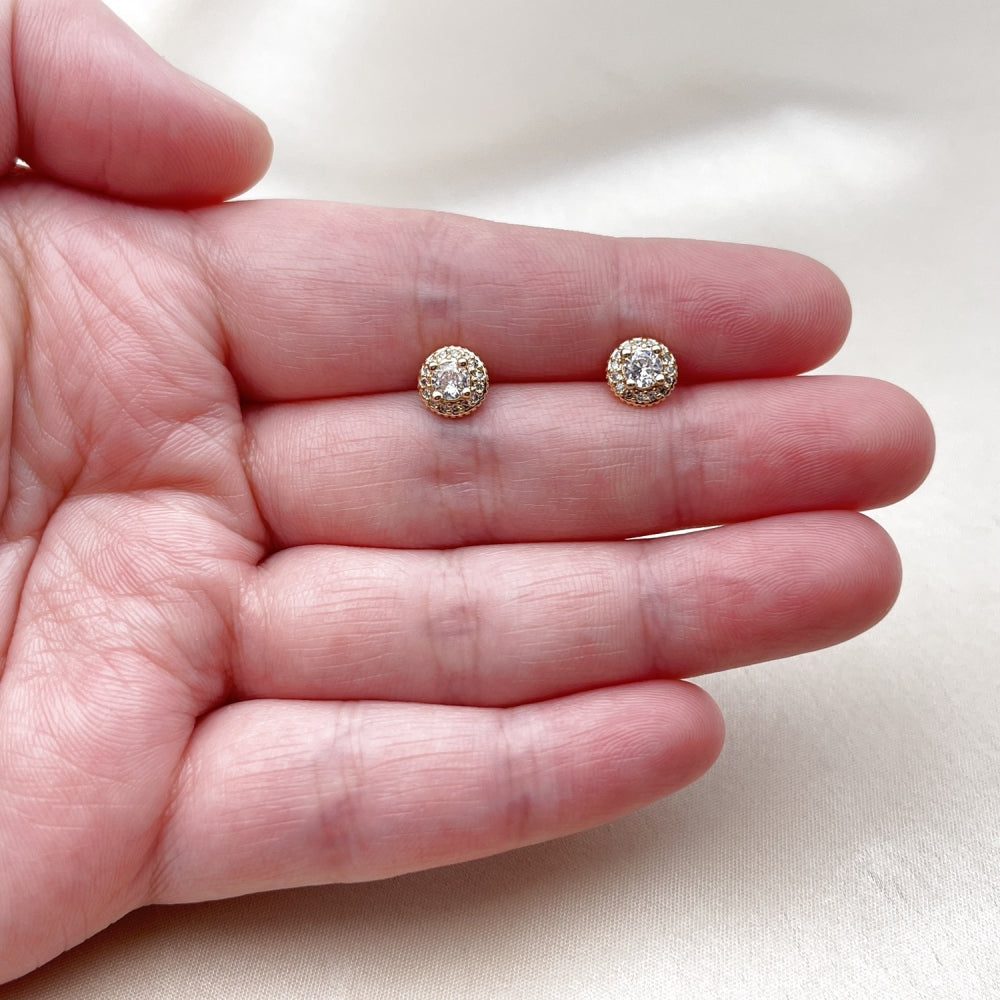 Oro Laminado Stud Earring, Gold Filled Style Cluster Design, with White Cubic Zirconia and White Micro Pave, Polished, Golden Finish