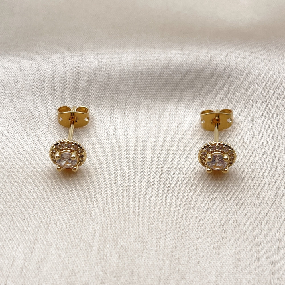 Oro Laminado Stud Earring, Gold Filled Style Cluster Design, with White Cubic Zirconia and White Micro Pave, Polished, Golden Finish