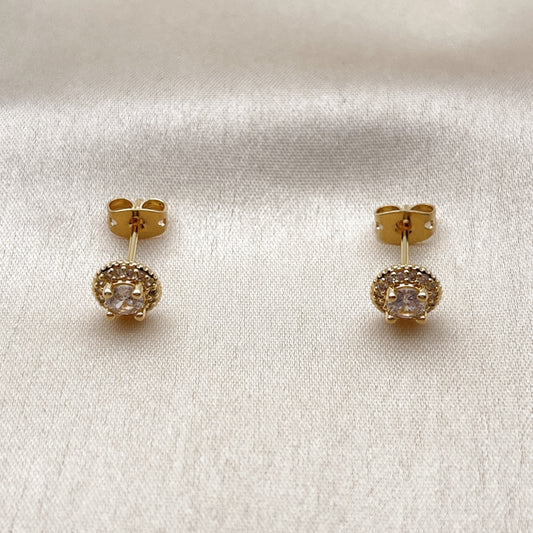 Oro Laminado Stud Earring, Gold Filled Style Cluster Design, with White Cubic Zirconia and White Micro Pave, Polished, Golden Finish