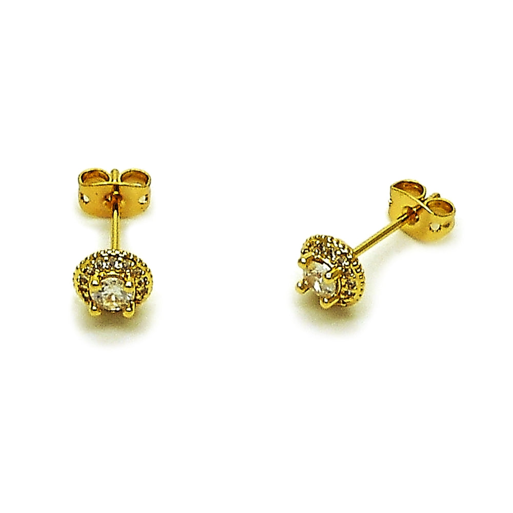 Oro Laminado Stud Earring, Gold Filled Style Cluster Design, with White Cubic Zirconia and White Micro Pave, Polished, Golden Finish