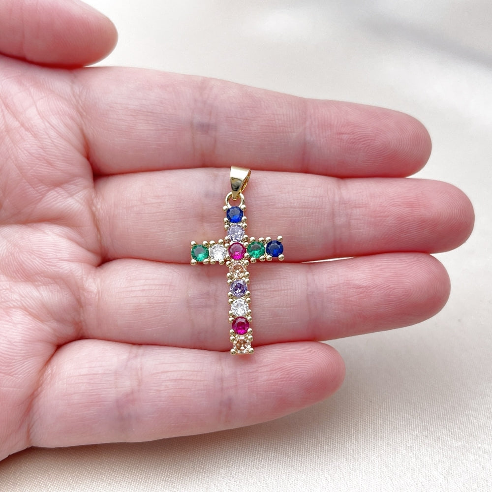 Oro Laminado Religious Pendant, Gold Filled Style Cross Design, with Multicolor Cubic Zirconia, Polished, Golden Finish
