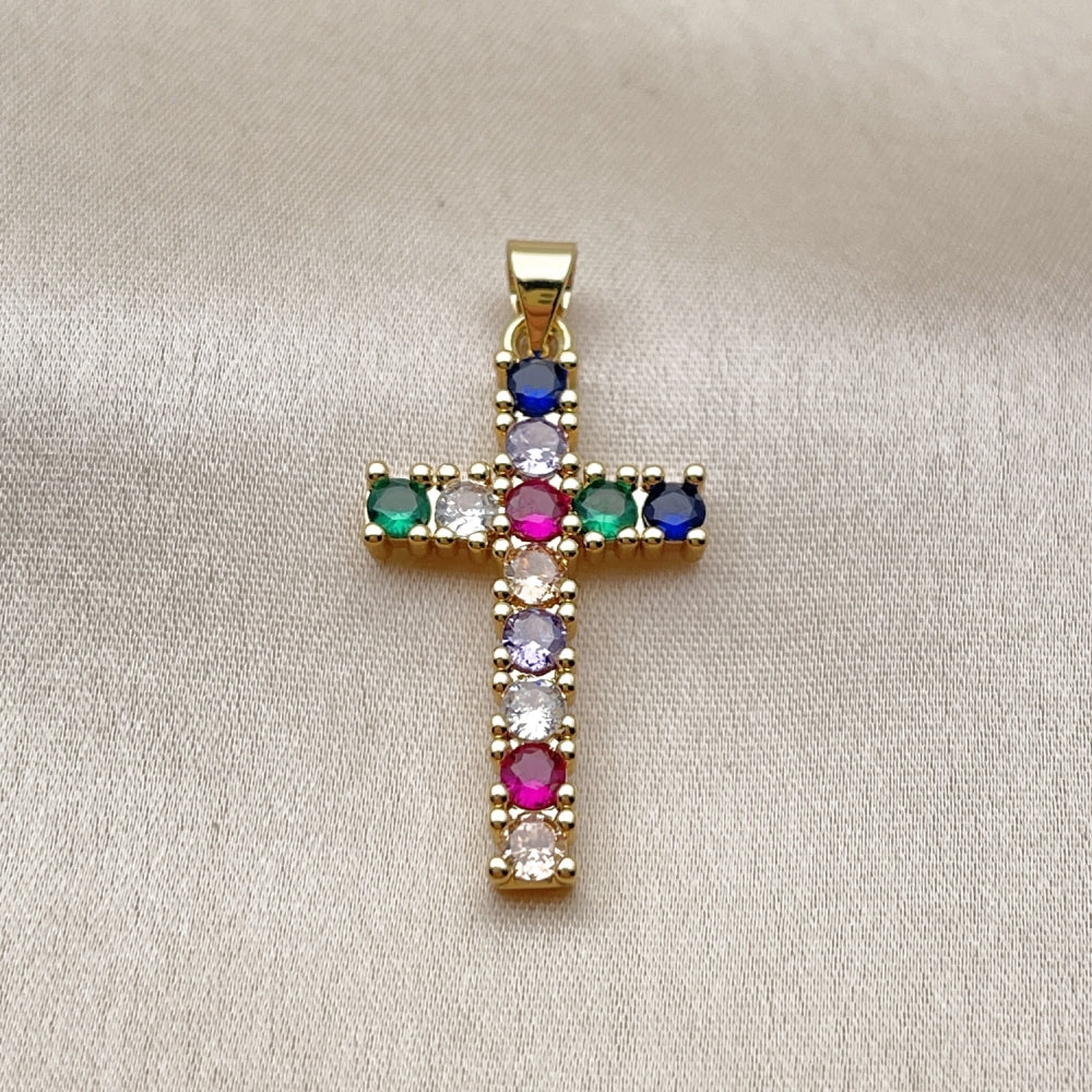 Oro Laminado Religious Pendant, Gold Filled Style Cross Design, with Multicolor Cubic Zirconia, Polished, Golden Finish