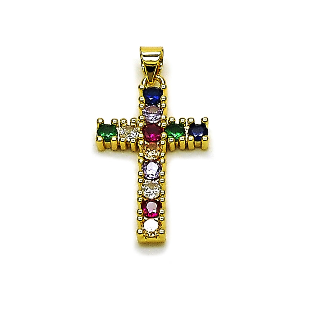 Oro Laminado Religious Pendant, Gold Filled Style Cross Design, with Multicolor Cubic Zirconia, Polished, Golden Finish