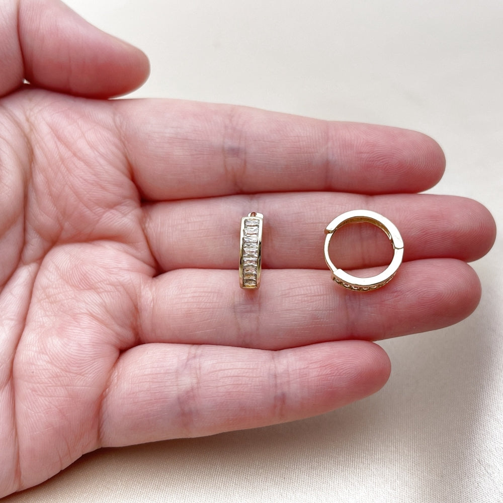 Oro Laminado Huggie Hoop, Gold Filled Style Baguette Design, with White Cubic Zirconia, Polished, Golden Finish