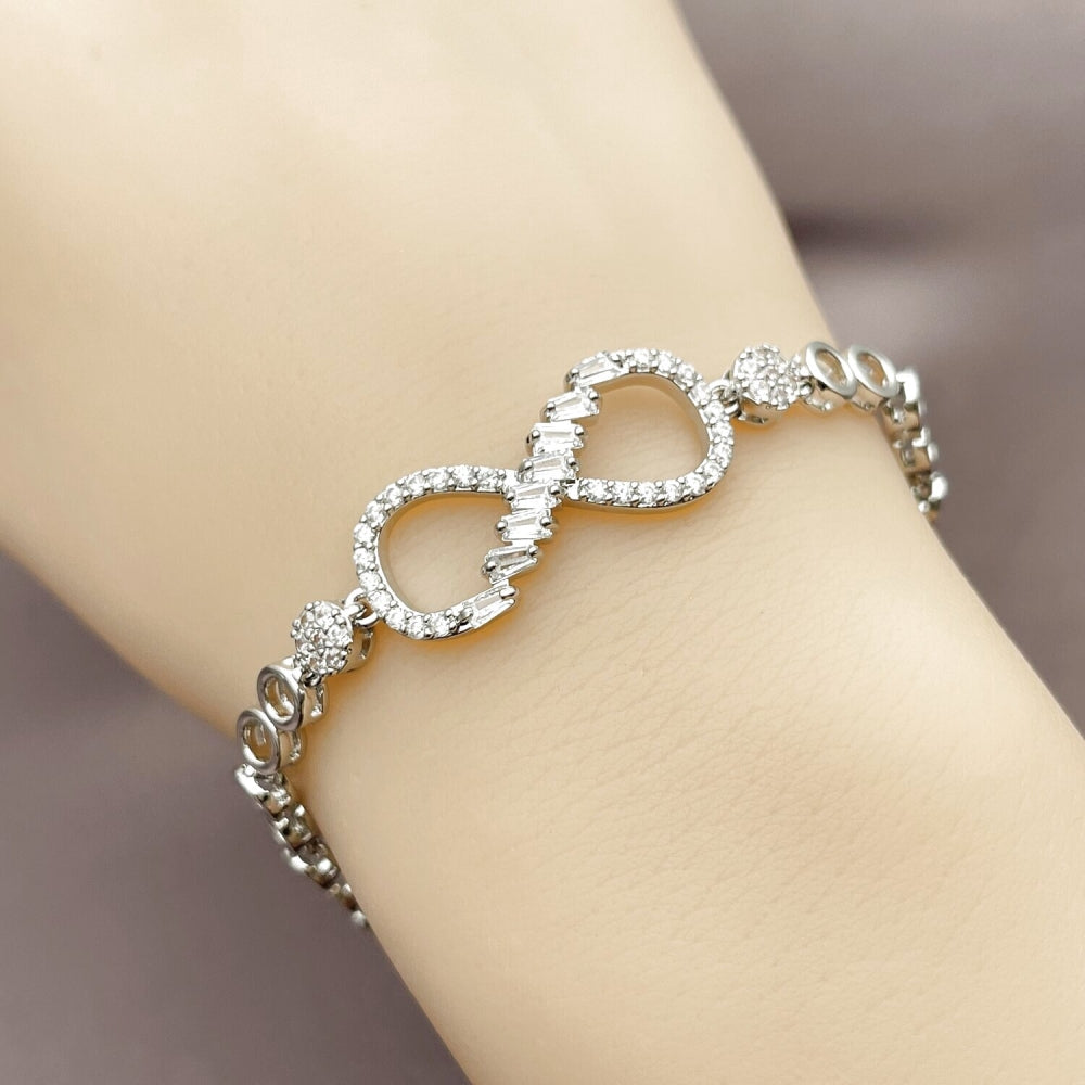 Rhodium Gold Filled Fancy Bracelet, Infinite and Baguette Design, with White Cubic Zirconia and White Micro Pave, Polished, Rhodium Finish