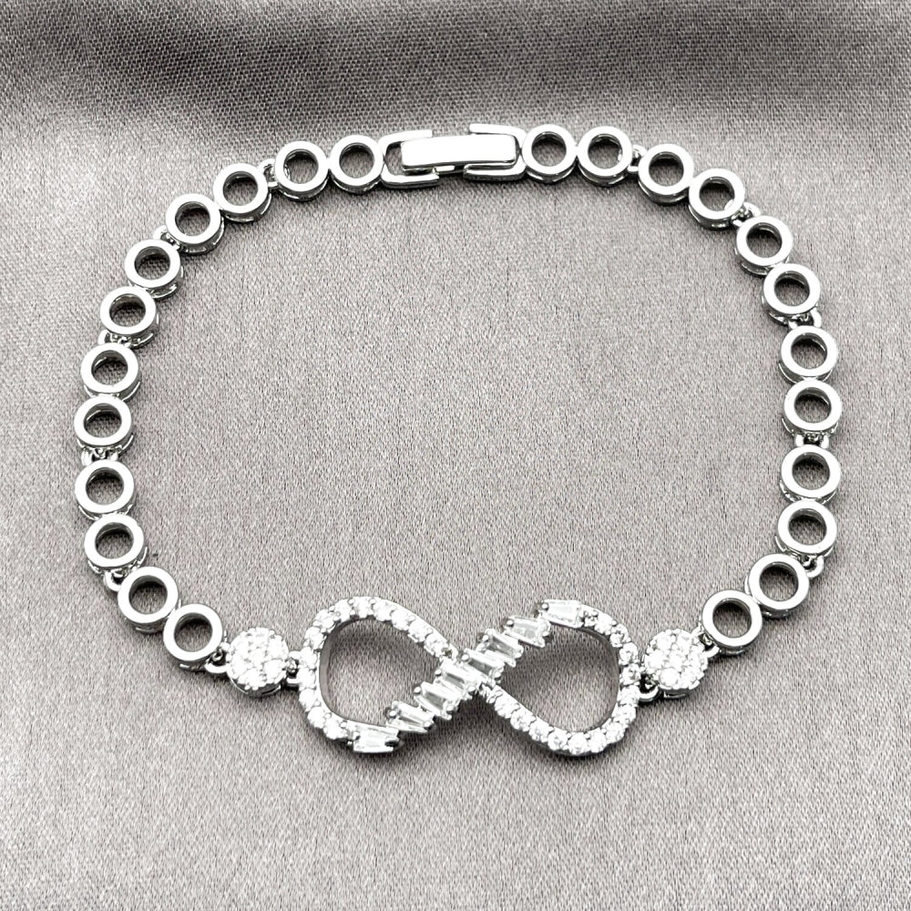 Rhodium Gold Filled Fancy Bracelet, Infinite and Baguette Design, with White Cubic Zirconia and White Micro Pave, Polished, Rhodium Finish