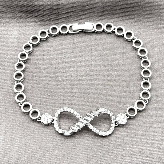 Rhodium Gold Filled Fancy Bracelet, Infinite and Baguette Design, with White Cubic Zirconia and White Micro Pave, Polished, Rhodium Finish