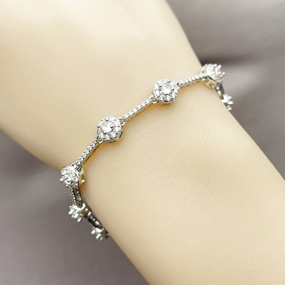 Rhodium Gold Filled Tennis Bracelet, Cluster Design, with White Cubic Zirconia, Polished, Rhodium Finish