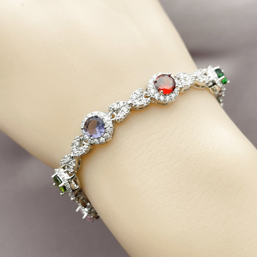 Rhodium Gold Filled Tennis Bracelet, Hugs and Kisses and Cluster Design, with Multicolor and White Cubic Zirconia, Polished, Rhodium Finish