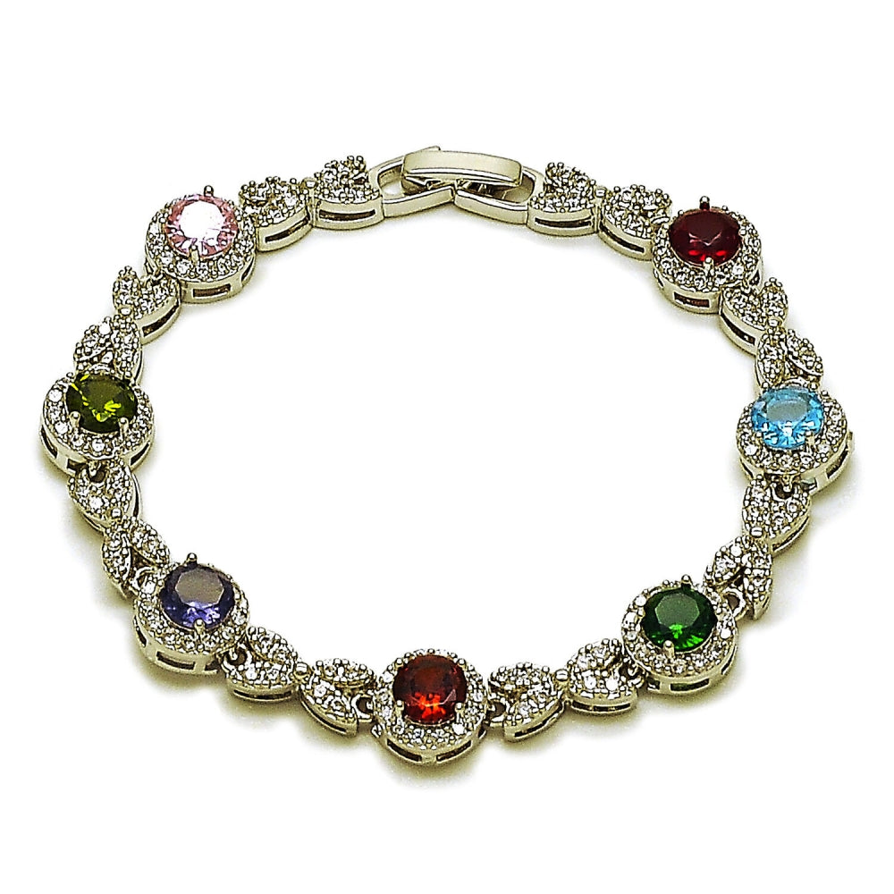 Rhodium Gold Filled Tennis Bracelet, Hugs and Kisses and Cluster Design, with Multicolor and White Cubic Zirconia, Polished, Rhodium Finish