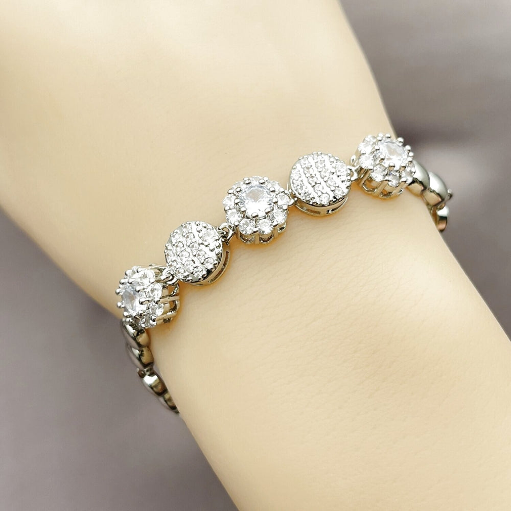 Rhodium Gold Filled Fancy Bracelet, Cluster Design, with White Cubic Zirconia and White Micro Pave, Polished, Rhodium Finish