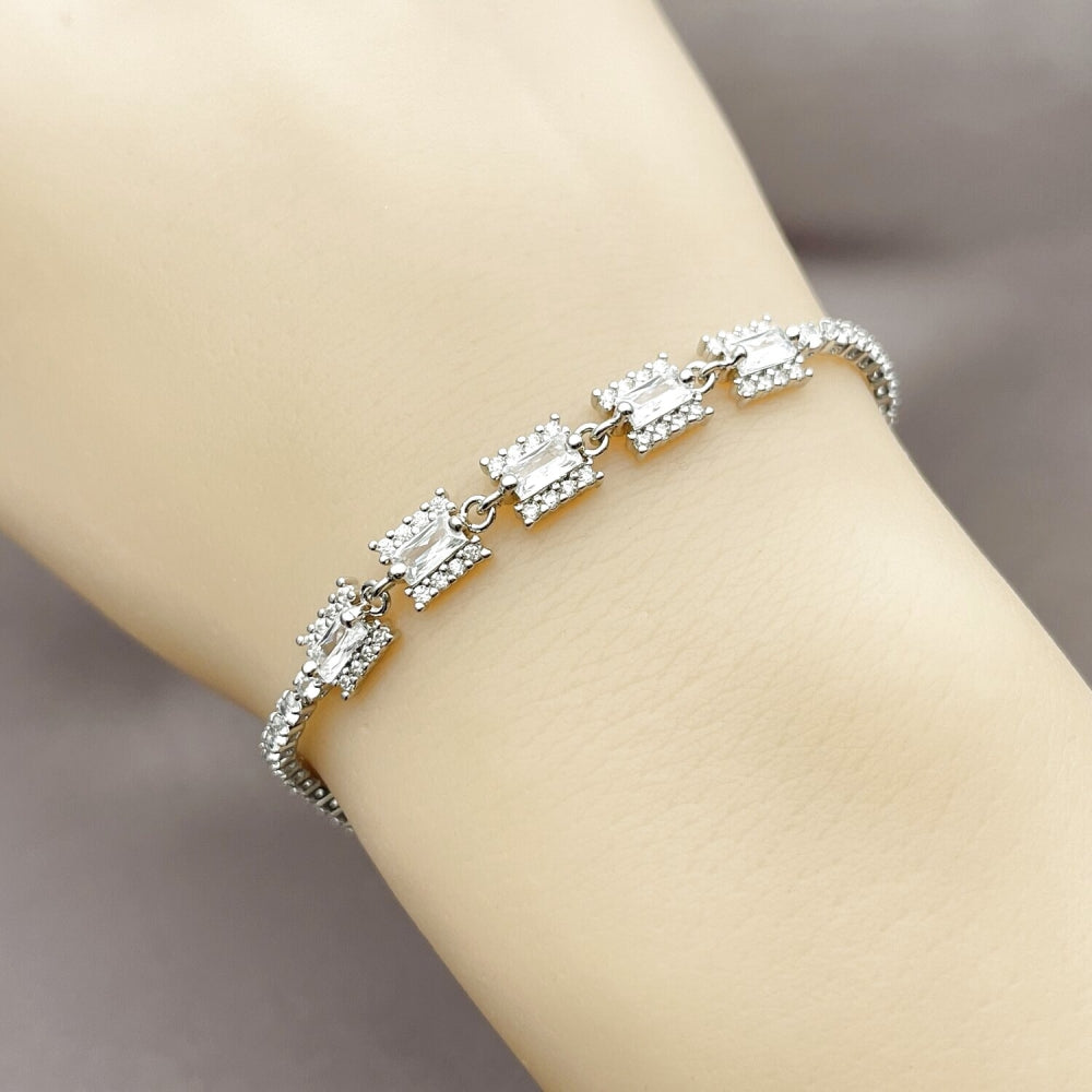 Rhodium Gold Filled Fancy Bracelet, Cluster and Baguette Design, with White Cubic Zirconia, Polished, Rhodium Finish