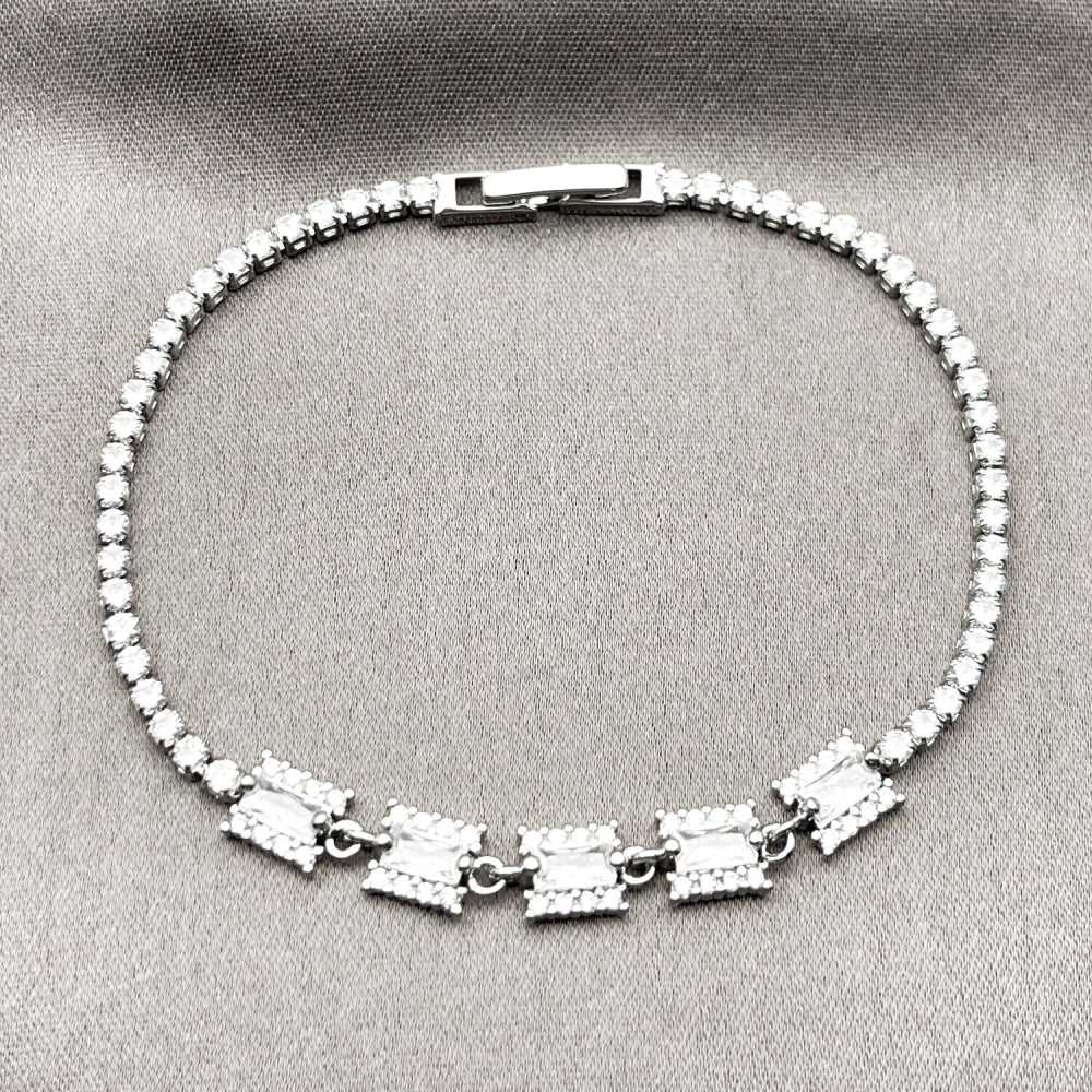 Rhodium Gold Filled Fancy Bracelet, Cluster and Baguette Design, with White Cubic Zirconia, Polished, Rhodium Finish