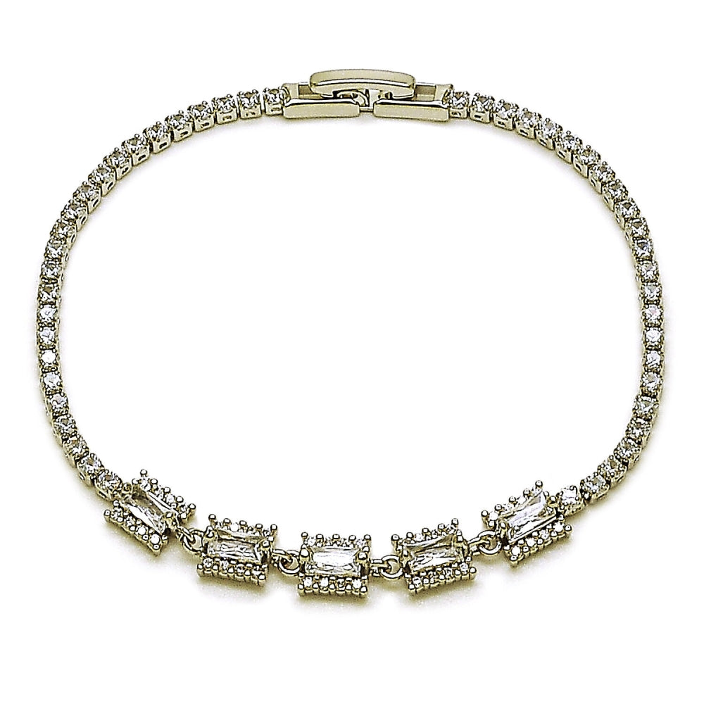 Rhodium Gold Filled Fancy Bracelet, Cluster and Baguette Design, with White Cubic Zirconia, Polished, Rhodium Finish