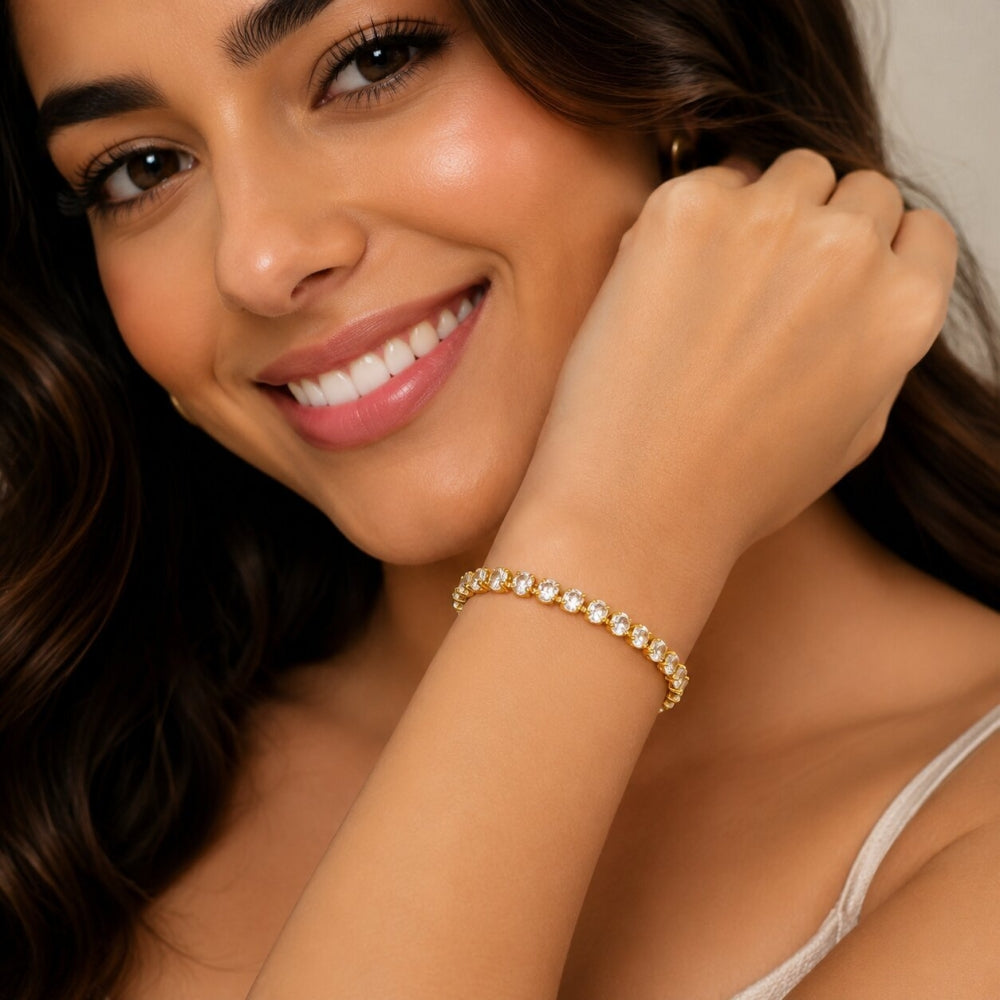 Oro Laminado Tennis Bracelet, Gold Filled Style with White Cubic Zirconia, Polished, Golden Finish