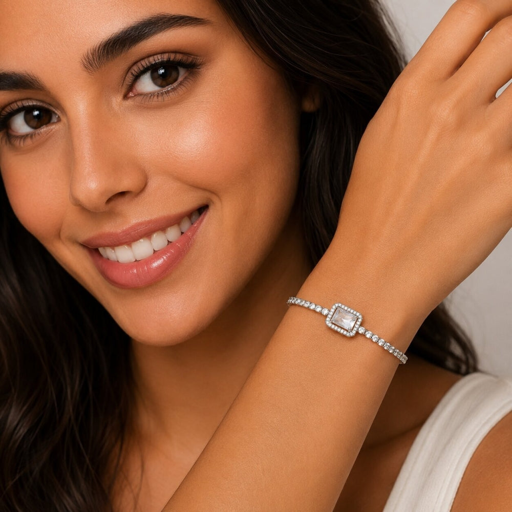 Rhodium Gold Filled Fancy Bracelet, Cluster Design, with White Cubic Zirconia and White Micro Pave, Polished, Rhodium Finish