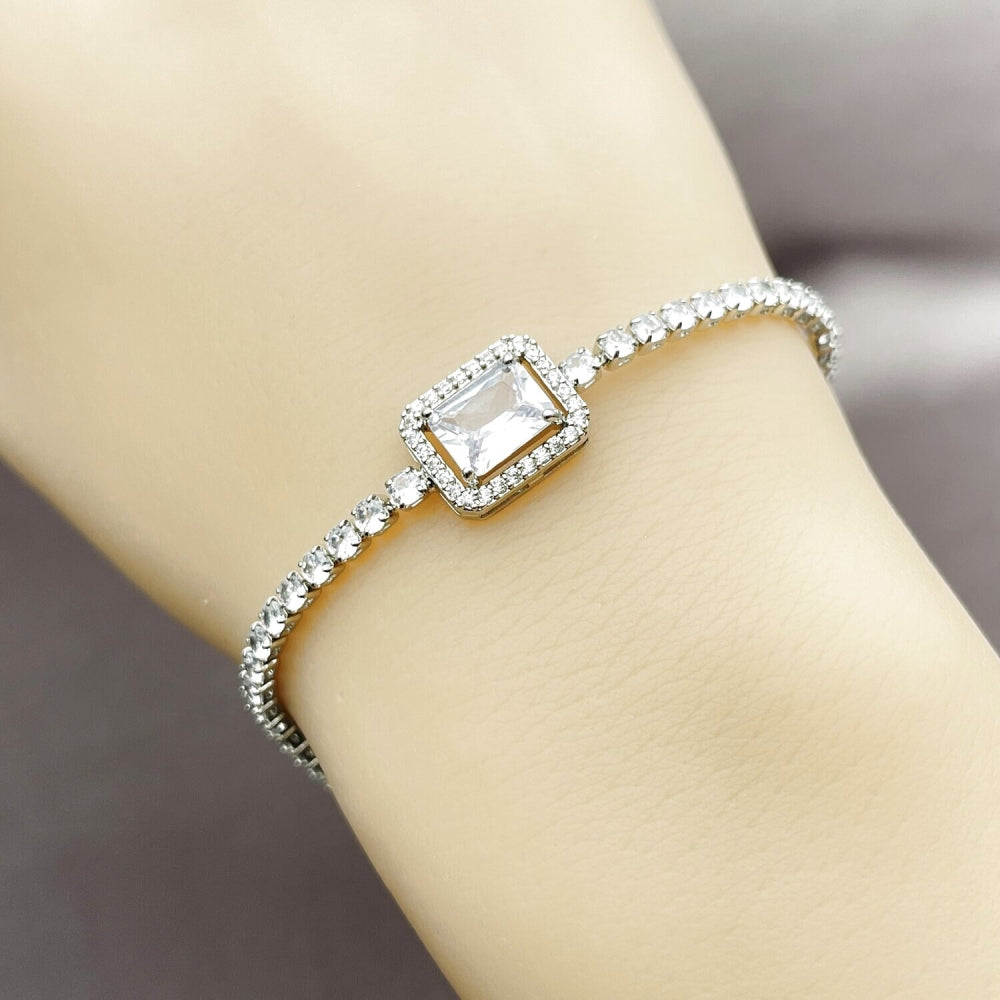Rhodium Gold Filled Fancy Bracelet, Cluster Design, with White Cubic Zirconia and White Micro Pave, Polished, Rhodium Finish