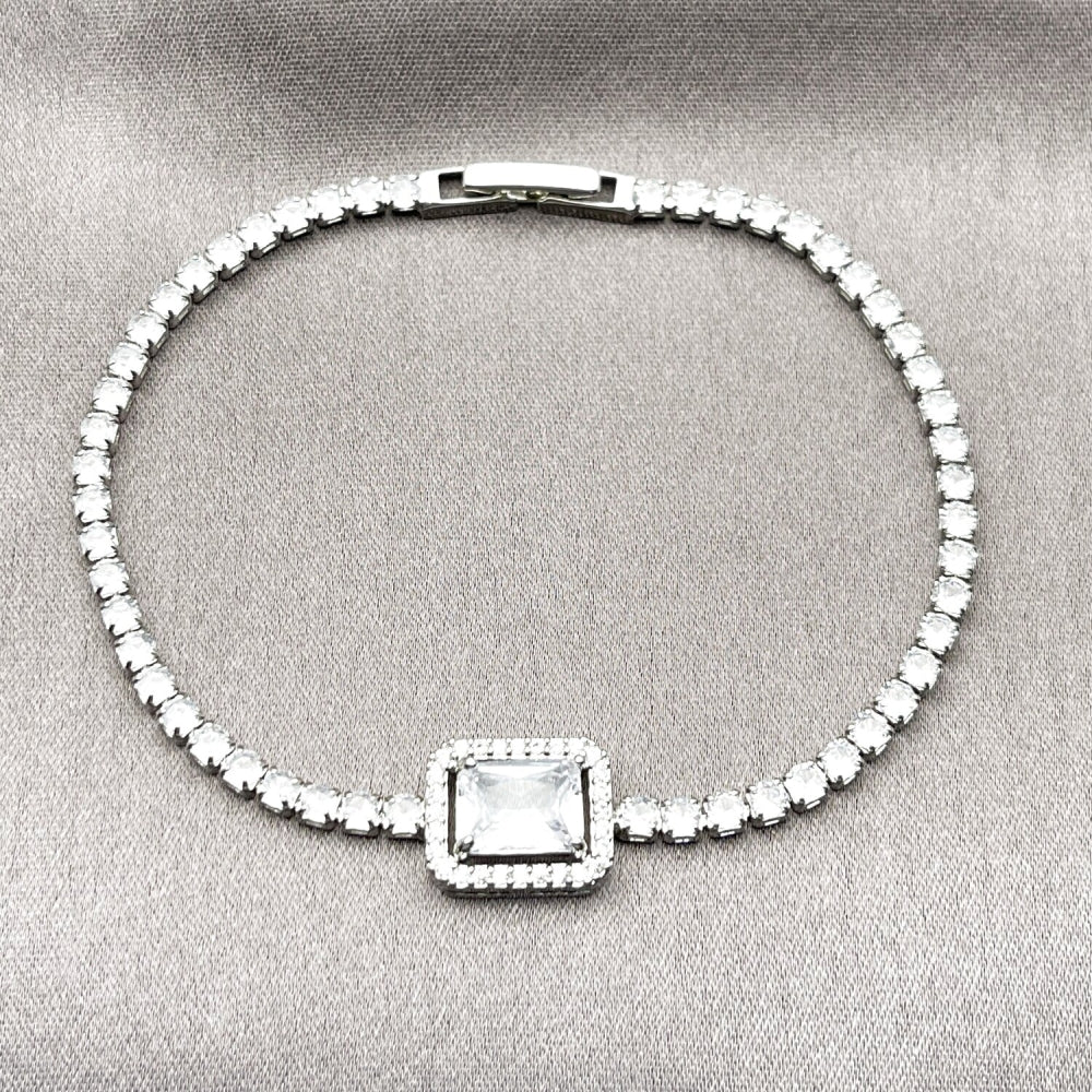 Rhodium Gold Filled Fancy Bracelet, Cluster Design, with White Cubic Zirconia and White Micro Pave, Polished, Rhodium Finish