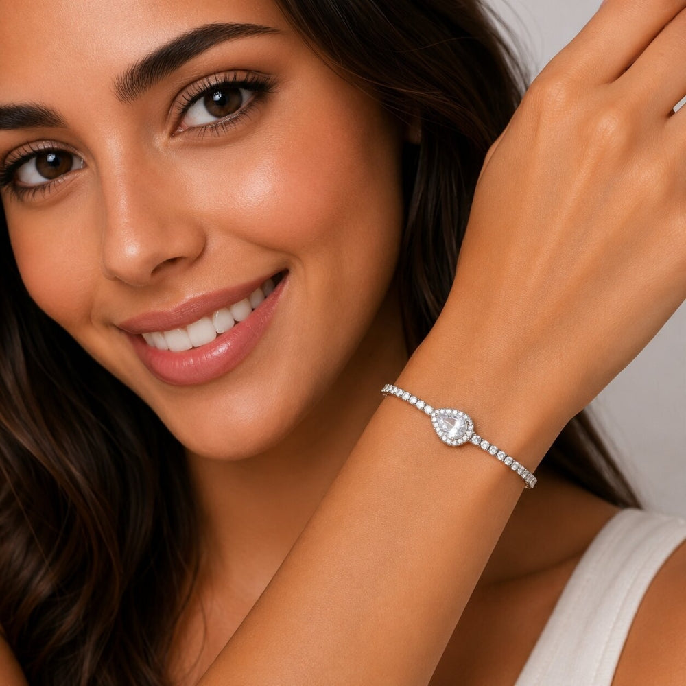 Rhodium Gold Filled Fancy Bracelet, Teardrop and Cluster Design, with White Cubic Zirconia and White Micro Pave, Polished, Rhodium Finish