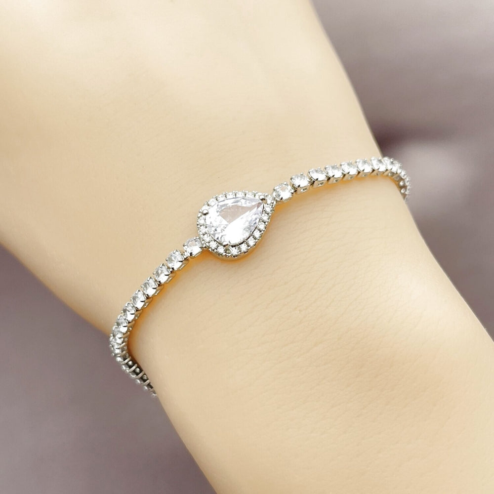 Rhodium Gold Filled Fancy Bracelet, Teardrop and Cluster Design, with White Cubic Zirconia and White Micro Pave, Polished, Rhodium Finish