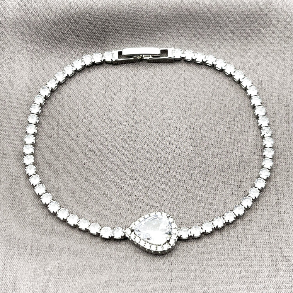 Rhodium Gold Filled Fancy Bracelet, Teardrop and Cluster Design, with White Cubic Zirconia and White Micro Pave, Polished, Rhodium Finish