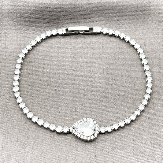 White Gold Filled Fancy Bracelet, Teardrop and Cluster Design, with White Cubic Zirconia and White Micro Pave, Polished, Rhodium Finish