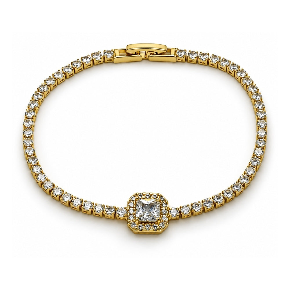 Oro Laminado Fancy Bracelet, Gold Filled Style Cluster Design, with White Cubic Zirconia and White Micro Pave, Polished, Golden Finish