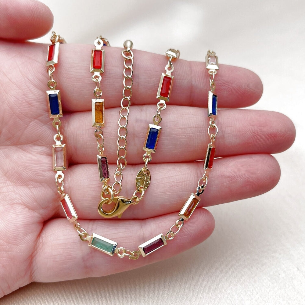 Oro Laminado Fancy Necklace, Gold Filled Style Baguette Design, with Multicolor Crystal, Polished, Golden Finish