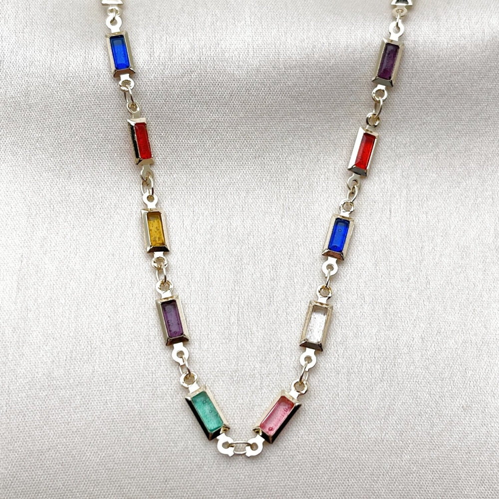 Oro Laminado Fancy Necklace, Gold Filled Style Baguette Design, with Multicolor Crystal, Polished, Golden Finish