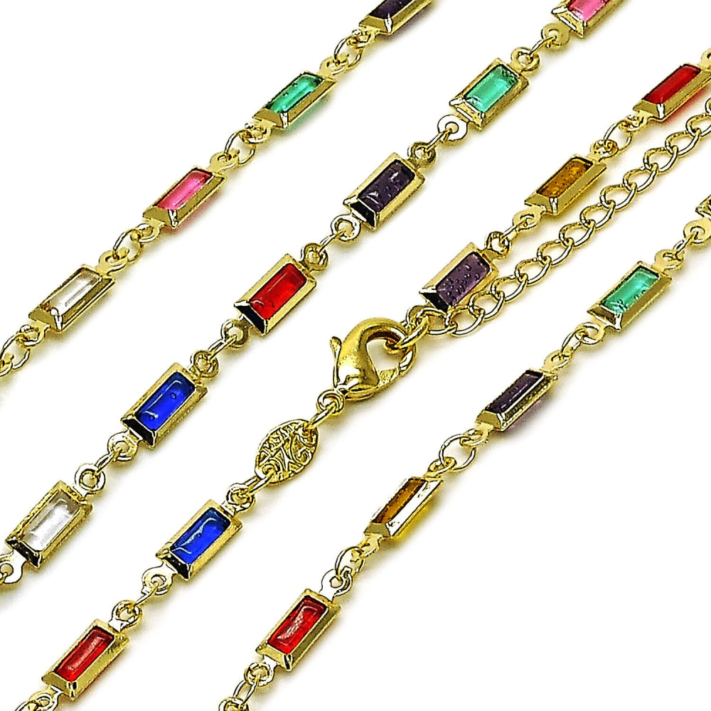 Oro Laminado Fancy Necklace, Gold Filled Style Baguette Design, with Multicolor Crystal, Polished, Golden Finish