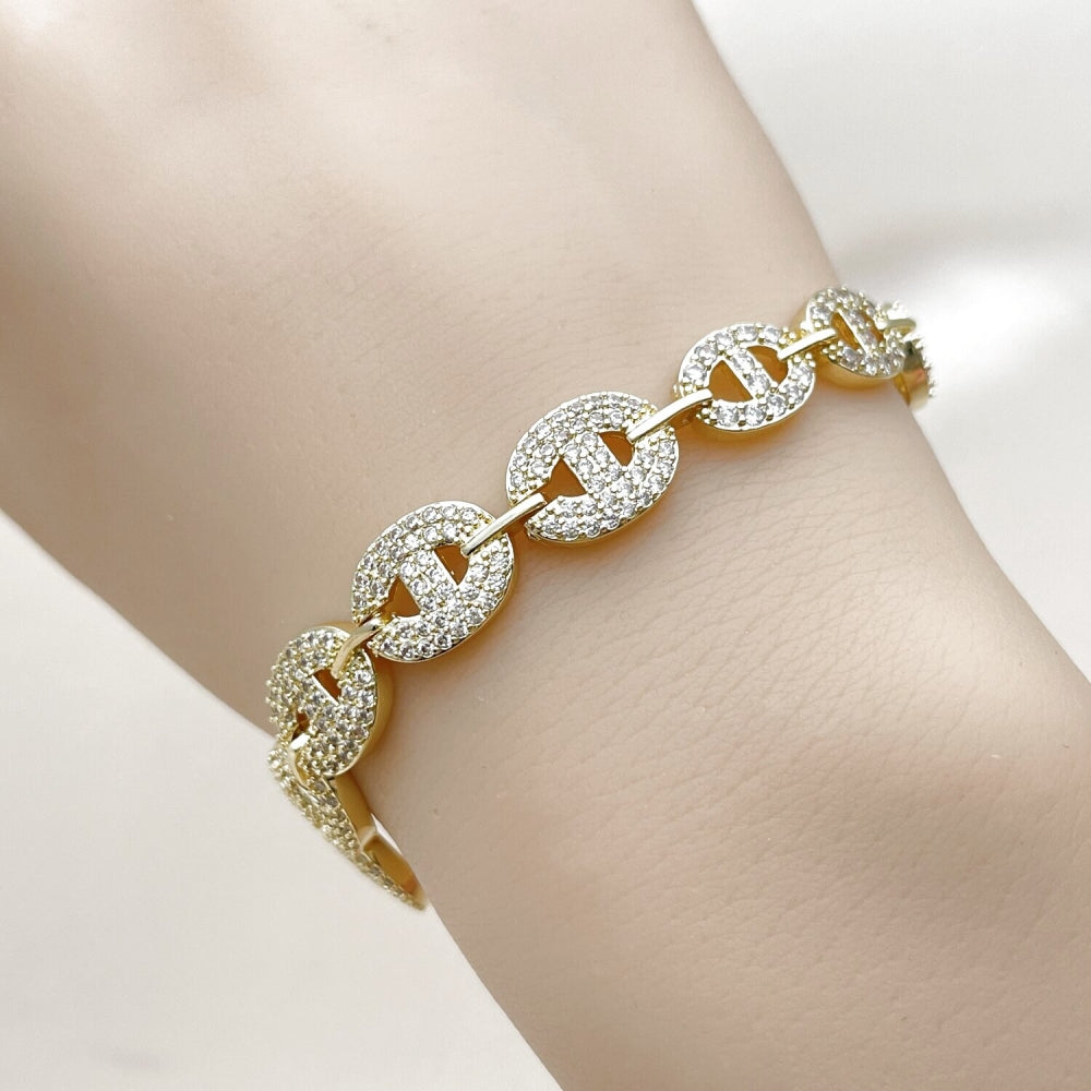 Oro Laminado Tennis Bracelet, Gold Filled Style Puff Mariner Design, with White Cubic Zirconia and White Micro Pave, Polished, Golden Finish