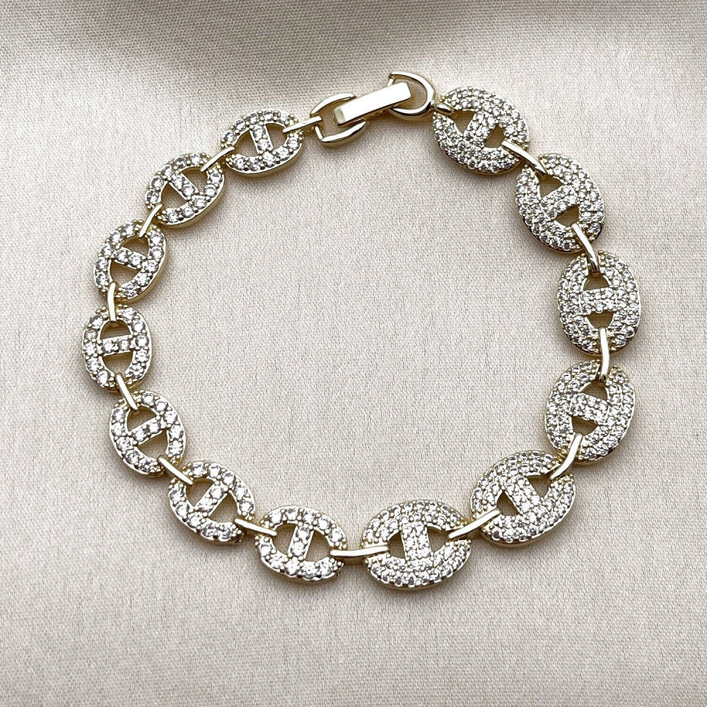 Oro Laminado Tennis Bracelet, Gold Filled Style Puff Mariner Design, with White Cubic Zirconia and White Micro Pave, Polished, Golden Finish