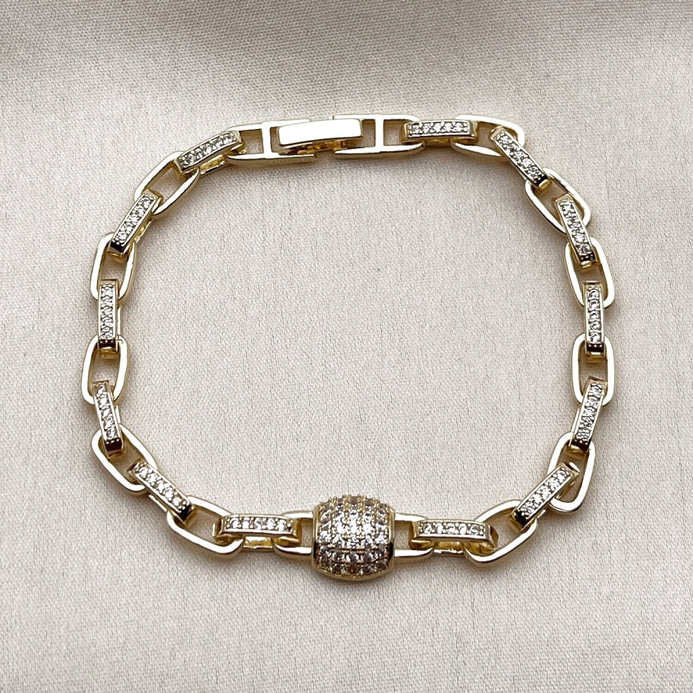 Oro Laminado Fancy Bracelet, Gold Filled Style Paperclip Design, with White Micro Pave, Polished, Golden Finish