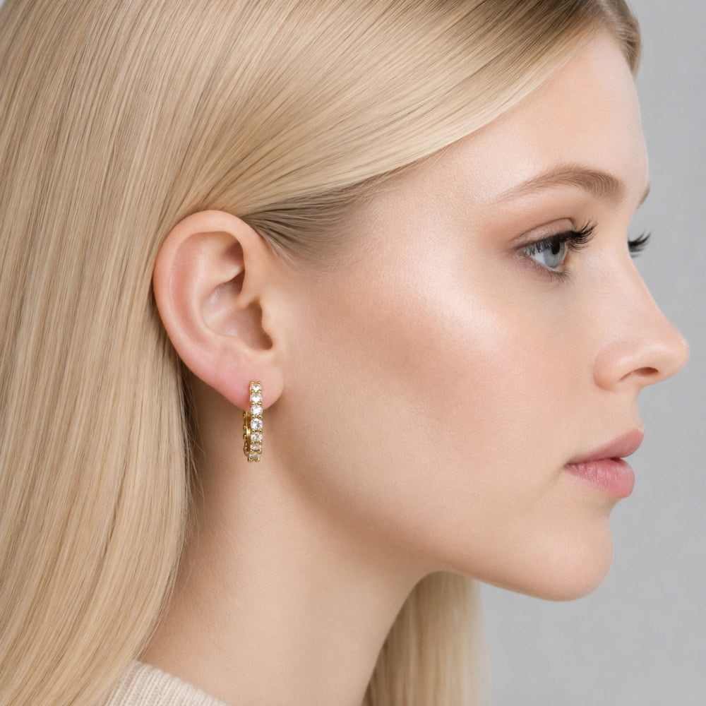 Oro Laminado Huggie Hoop, Gold Filled Style with White Cubic Zirconia, Polished, Golden Finish