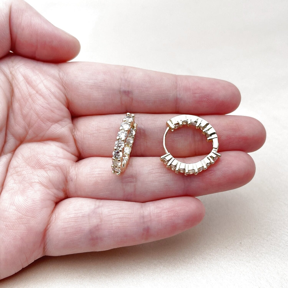 Oro Laminado Huggie Hoop, Gold Filled Style with White Cubic Zirconia, Polished, Golden Finish
