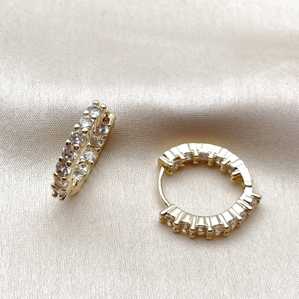 Oro Laminado Huggie Hoop, Gold Filled Style with White Cubic Zirconia, Polished, Golden Finish