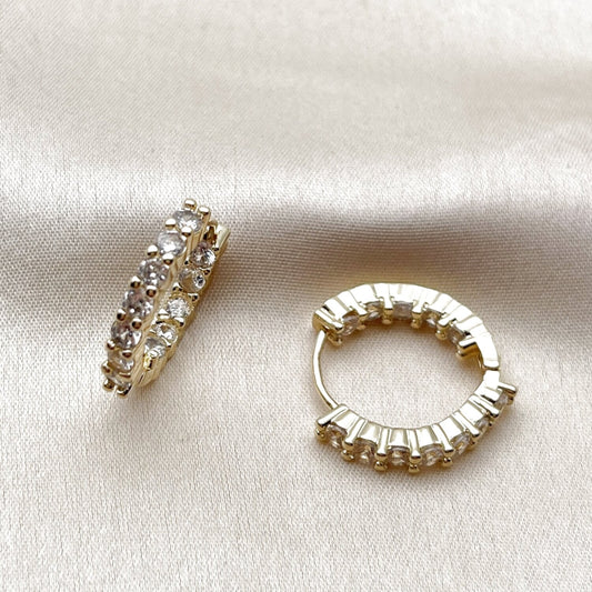 Oro Laminado Huggie Hoop, Gold Filled Style with White Cubic Zirconia, Polished, Golden Finish