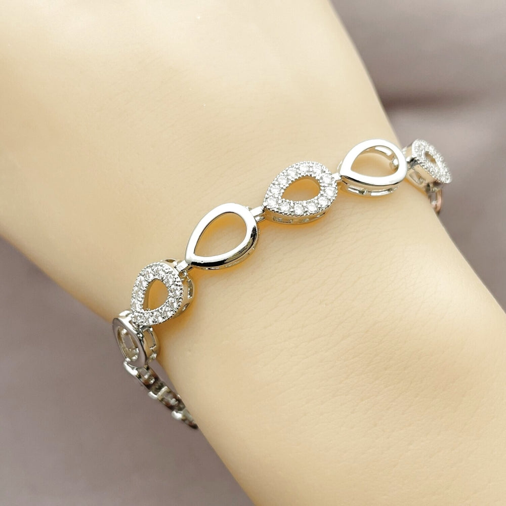 Rhodium Gold Filled Fancy Bracelet, Teardrop Design, with White Cubic Zirconia, Polished, Rhodium Finish