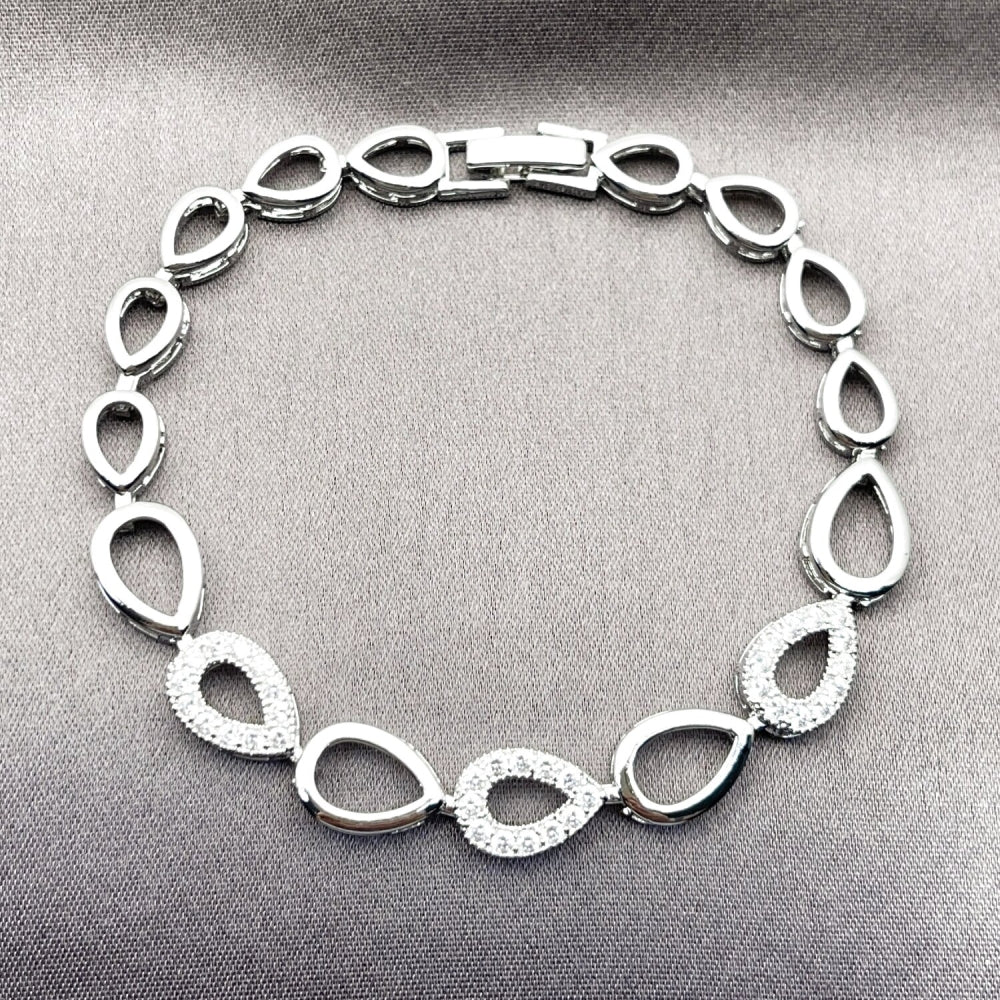 Rhodium Gold Filled Fancy Bracelet, Teardrop Design, with White Cubic Zirconia, Polished, Rhodium Finish