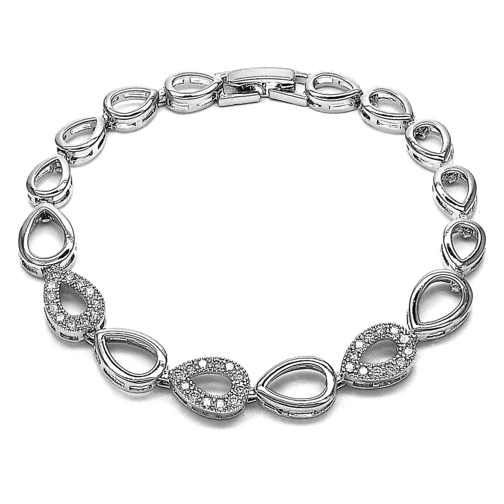 Rhodium Gold Filled Fancy Bracelet, Teardrop Design, with White Cubic Zirconia, Polished, Rhodium Finish