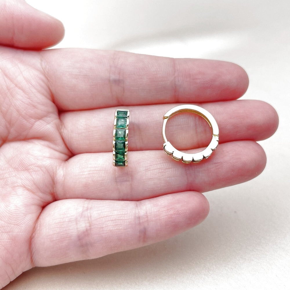 Oro Laminado Huggie Hoop, Gold Filled Style with Green Cubic Zirconia, Polished, Golden Finish