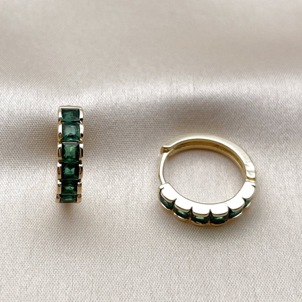 Oro Laminado Huggie Hoop, Gold Filled Style with Green Cubic Zirconia, Polished, Golden Finish