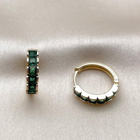 Oro Laminado Huggie Hoop, Gold Filled Style with Green Cubic Zirconia, Polished, Golden Finish