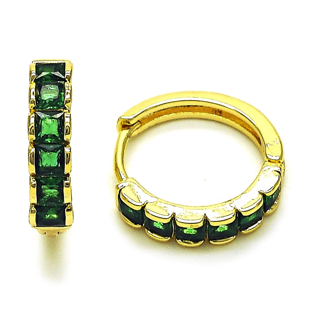 Oro Laminado Huggie Hoop, Gold Filled Style with Green Cubic Zirconia, Polished, Golden Finish