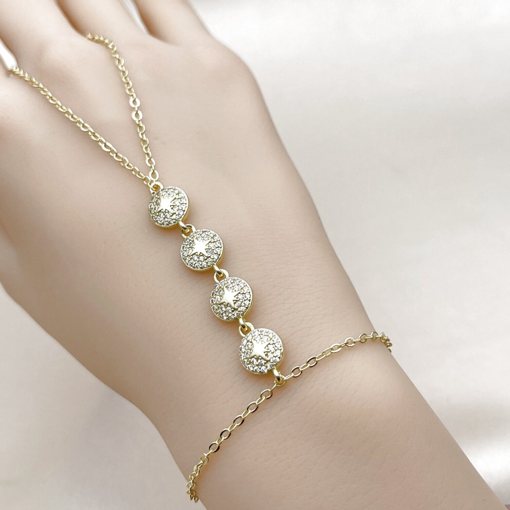 Oro Laminado Fancy Bracelet, Gold Filled Style Star and Rolo Design, with White Micro Pave, Polished, Golden Finish