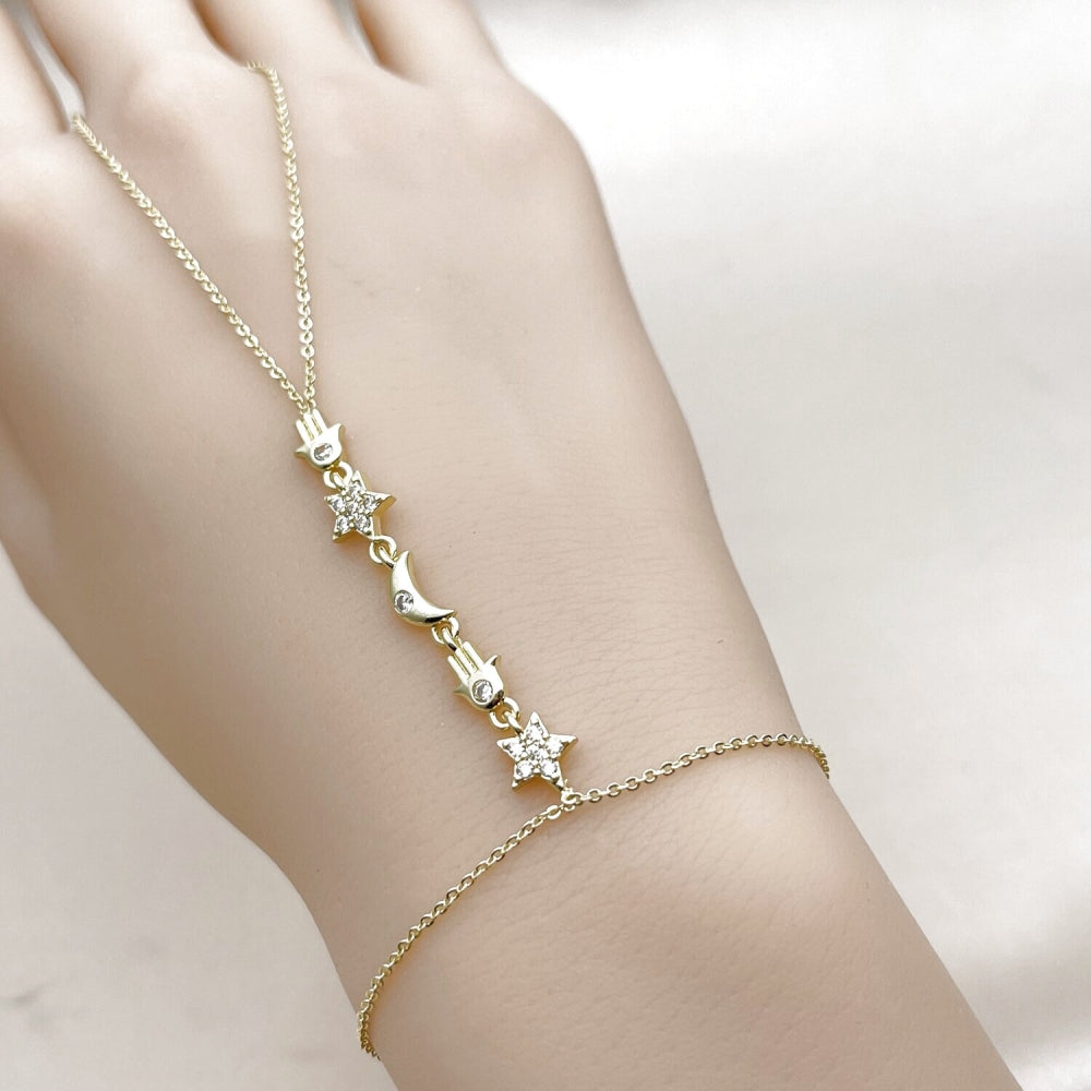 Oro Laminado Fancy Bracelet, Gold Filled Style Judaica and Star Design, with White Cubic Zirconia and White Micro Pave, Polished, Golden Finish