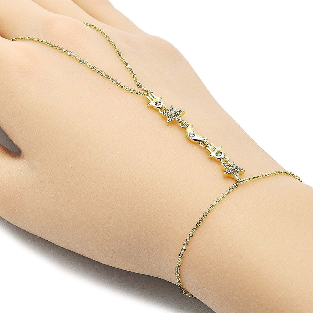 Oro Laminado Fancy Bracelet, Gold Filled Style Judaica and Star Design, with White Cubic Zirconia and White Micro Pave, Polished, Golden Finish